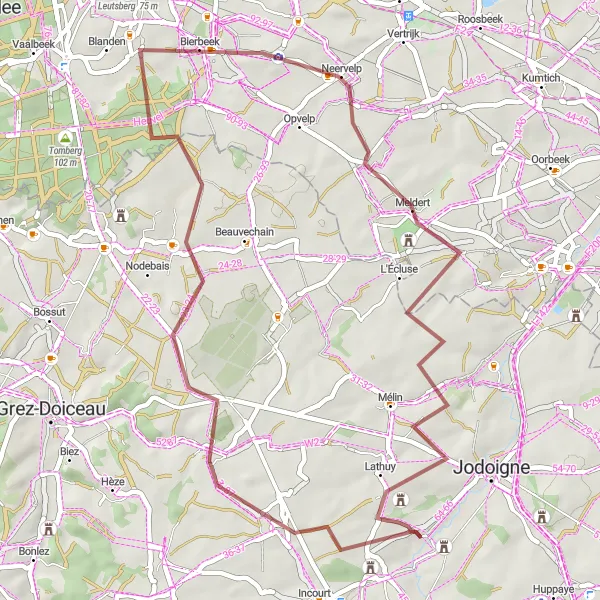 Karten-Miniaturansicht der Radinspiration "Gravel-Rundtour von Jodoigne nach Lathuy" in Prov. Brabant Wallon, Belgium. Erstellt vom Tarmacs.app-Routenplaner für Radtouren