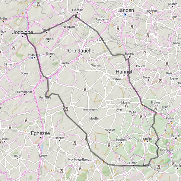 Map miniature of "Lincent to Huppaye Road Loop" cycling inspiration in Prov. Brabant Wallon, Belgium. Generated by Tarmacs.app cycling route planner