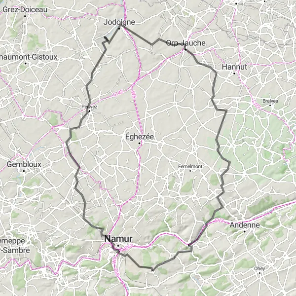 Map miniature of "Century Ride to Namur" cycling inspiration in Prov. Brabant Wallon, Belgium. Generated by Tarmacs.app cycling route planner