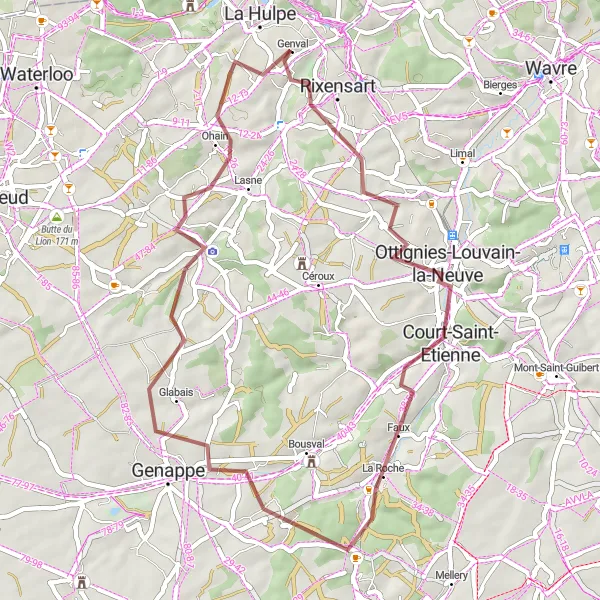 Miniature de la carte de l'inspiration cycliste "Randonnée en gravel autour de La Hulpe" dans la Prov. Brabant Wallon, Belgium. Générée par le planificateur d'itinéraire cycliste Tarmacs.app