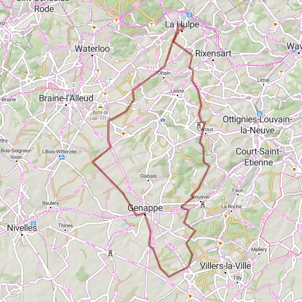 Map miniature of "Sart-Dames-Avelines and Genappe Gravel Ride" cycling inspiration in Prov. Brabant Wallon, Belgium. Generated by Tarmacs.app cycling route planner