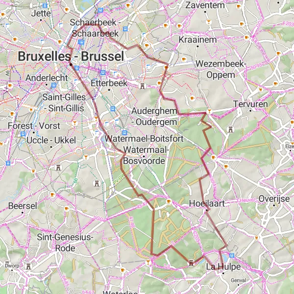 Map miniature of "Château de La Hulpe and Woluwe-Saint-Lambert Gravel Loop" cycling inspiration in Prov. Brabant Wallon, Belgium. Generated by Tarmacs.app cycling route planner