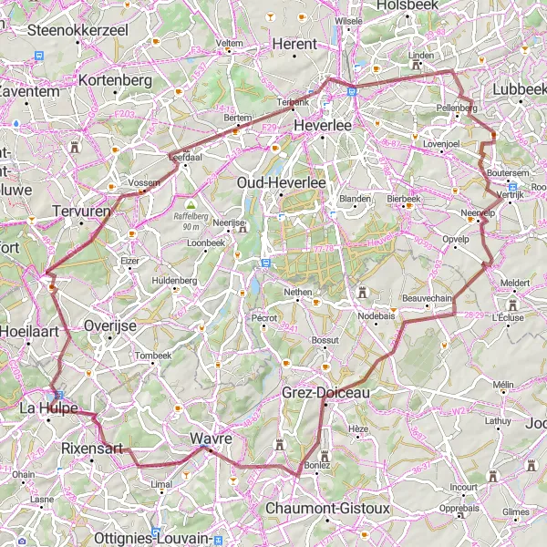 Miniature de la carte de l'inspiration cycliste "Aventure Gravel à travers Rixensart" dans la Prov. Brabant Wallon, Belgium. Générée par le planificateur d'itinéraire cycliste Tarmacs.app