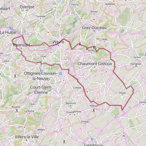 Map miniature of "Gravel Adventure through Walhain and Limal" cycling inspiration in Prov. Brabant Wallon, Belgium. Generated by Tarmacs.app cycling route planner