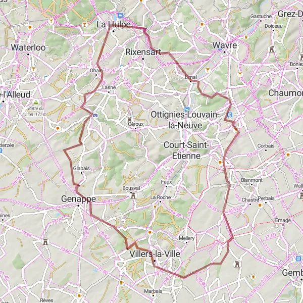 Map miniature of "The Gravel Tour of Brabant Wallon" cycling inspiration in Prov. Brabant Wallon, Belgium. Generated by Tarmacs.app cycling route planner