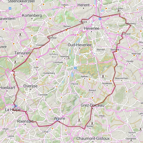 Map miniature of "The Gravel Escapade of Brabant Wallon" cycling inspiration in Prov. Brabant Wallon, Belgium. Generated by Tarmacs.app cycling route planner