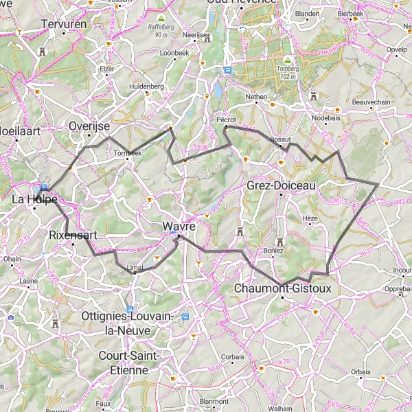 Map miniature of "The Scenic Road Journey of Brabant Wallon" cycling inspiration in Prov. Brabant Wallon, Belgium. Generated by Tarmacs.app cycling route planner