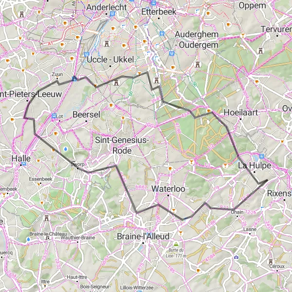 Miniature de la carte de l'inspiration cycliste "La Hulpe - Drogenbos - Sint-Pieters-Leeuw" dans la Prov. Brabant Wallon, Belgium. Générée par le planificateur d'itinéraire cycliste Tarmacs.app