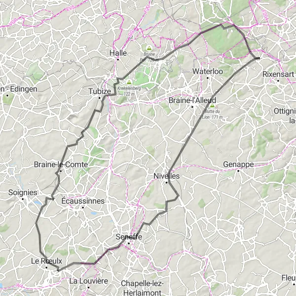 Map miniature of "Waterloo and Braine-le-Comte Adventure" cycling inspiration in Prov. Brabant Wallon, Belgium. Generated by Tarmacs.app cycling route planner