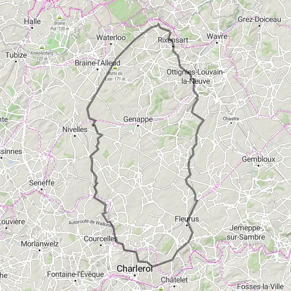 Map miniature of "Road Cycling Through Battlefields and Monuments" cycling inspiration in Prov. Brabant Wallon, Belgium. Generated by Tarmacs.app cycling route planner