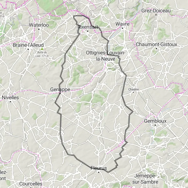 Miniatuurkaart van de fietsinspiratie "Groene Omgeving van Mont-Saint-Guibert" in Prov. Brabant Wallon, Belgium. Gemaakt door de Tarmacs.app fietsrouteplanner