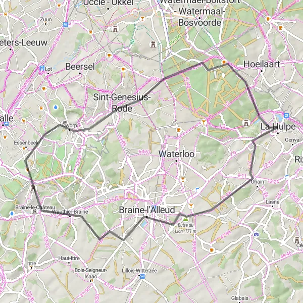 Map miniature of "The Road Adventure of Brabant Wallon" cycling inspiration in Prov. Brabant Wallon, Belgium. Generated by Tarmacs.app cycling route planner