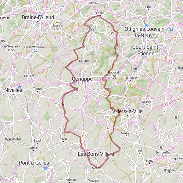 Map miniature of "Lasne to Maransart Gravel Adventure" cycling inspiration in Prov. Brabant Wallon, Belgium. Generated by Tarmacs.app cycling route planner