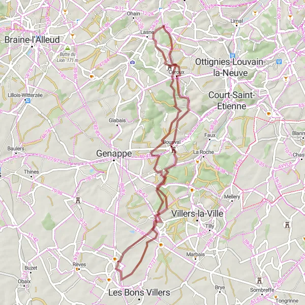 Map miniature of "Exploring Bousval and Lasne-Chapelle-Saint-Lambert" cycling inspiration in Prov. Brabant Wallon, Belgium. Generated by Tarmacs.app cycling route planner