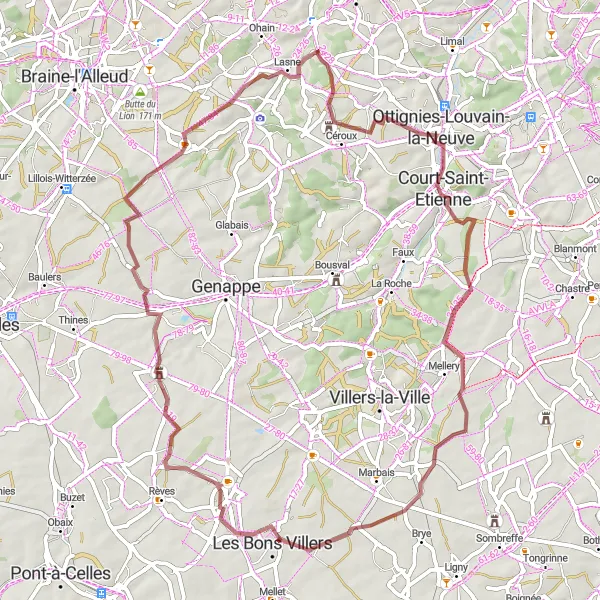 Map miniature of "Lasne-Chapelle-Saint-Lambert Gravel Route" cycling inspiration in Prov. Brabant Wallon, Belgium. Generated by Tarmacs.app cycling route planner