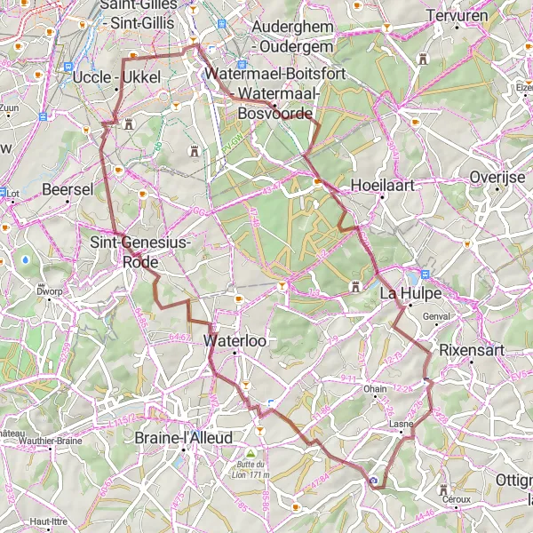 Map miniature of "Sint-Genesius-Rode to Boitsfort - Bosvoorde Gravel Loop" cycling inspiration in Prov. Brabant Wallon, Belgium. Generated by Tarmacs.app cycling route planner