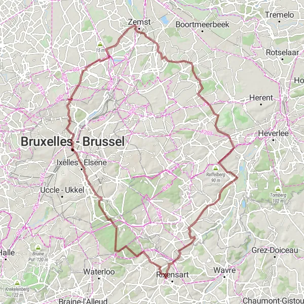 Map miniature of "La Hulpe to Tombeek Gravel Ride" cycling inspiration in Prov. Brabant Wallon, Belgium. Generated by Tarmacs.app cycling route planner