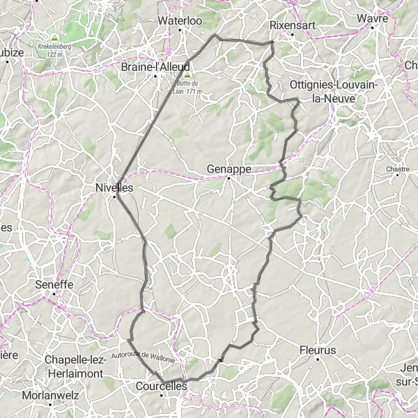 Miniature de la carte de l'inspiration cycliste "Les Châteaux de Brabant Wallon" dans la Prov. Brabant Wallon, Belgium. Générée par le planificateur d'itinéraire cycliste Tarmacs.app