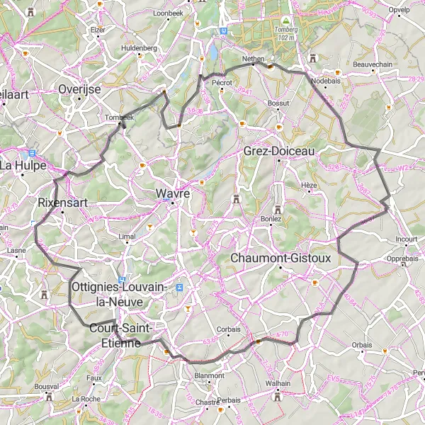 Map miniature of "Rosières to Court-Saint-Etienne Loop" cycling inspiration in Prov. Brabant Wallon, Belgium. Generated by Tarmacs.app cycling route planner