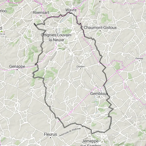 Map miniature of "Villers-Perwin to Château de Bousval Road Ride" cycling inspiration in Prov. Brabant Wallon, Belgium. Generated by Tarmacs.app cycling route planner