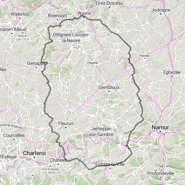 Map miniature of "Orbais to Lasne Loop" cycling inspiration in Prov. Brabant Wallon, Belgium. Generated by Tarmacs.app cycling route planner