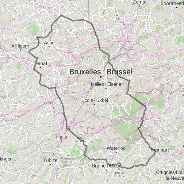 Map miniature of "Lasne to Sint-Pieters-Leeuw Loop" cycling inspiration in Prov. Brabant Wallon, Belgium. Generated by Tarmacs.app cycling route planner