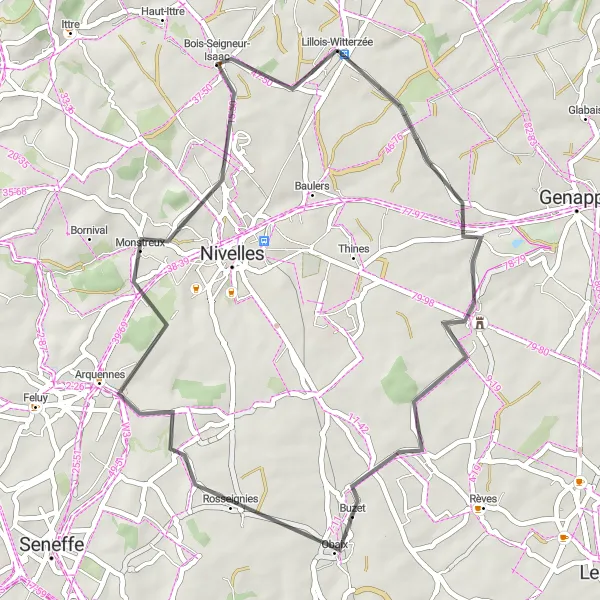 Map miniature of "The Scenic Countryside Road Loop" cycling inspiration in Prov. Brabant Wallon, Belgium. Generated by Tarmacs.app cycling route planner