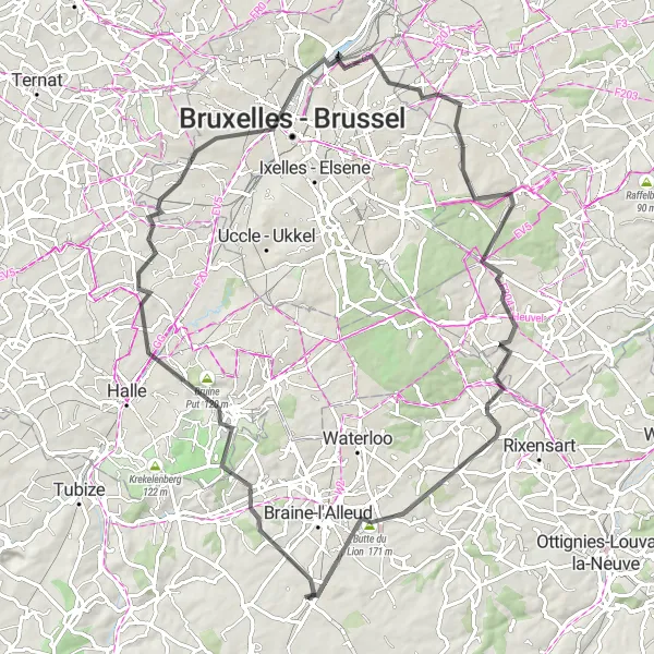 Miniatuurkaart van de fietsinspiratie "Battle of Waterloo Challenge" in Prov. Brabant Wallon, Belgium. Gemaakt door de Tarmacs.app fietsrouteplanner