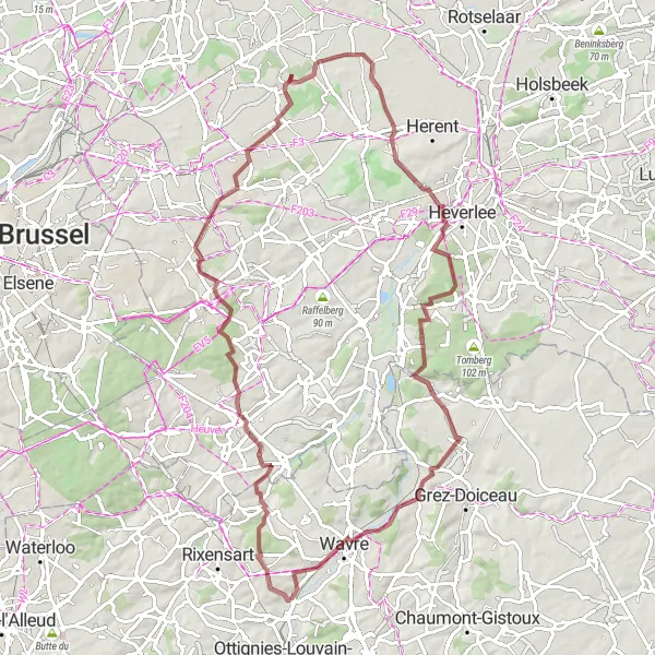 Map miniature of "The Countryside Gravel Loop" cycling inspiration in Prov. Brabant Wallon, Belgium. Generated by Tarmacs.app cycling route planner