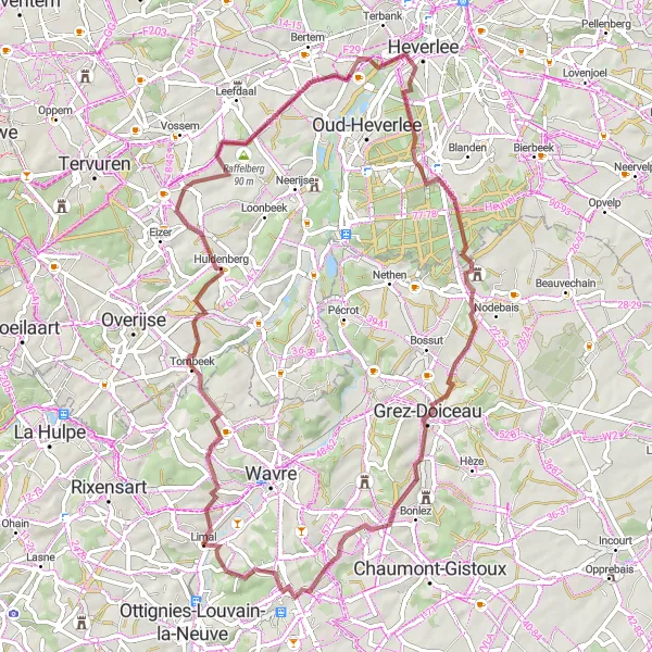 Miniatuurkaart van de fietsinspiratie "Gravelroute Limal en omgeving" in Prov. Brabant Wallon, Belgium. Gemaakt door de Tarmacs.app fietsrouteplanner