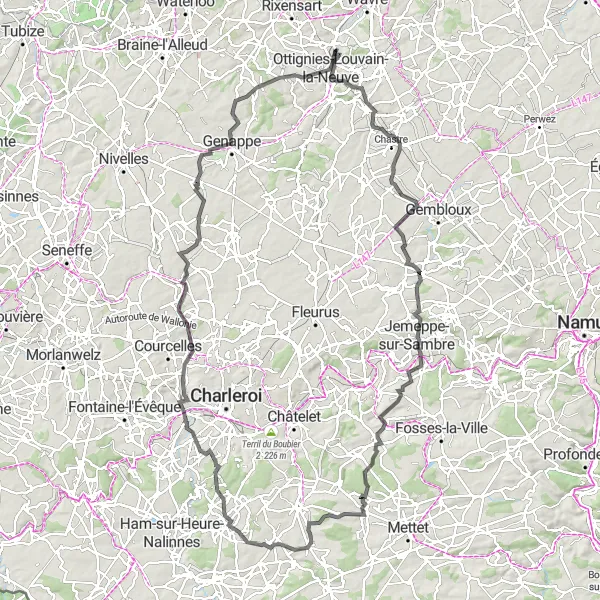 Karten-Miniaturansicht der Radinspiration "Châteaus und Natur auf 123 km" in Prov. Brabant Wallon, Belgium. Erstellt vom Tarmacs.app-Routenplaner für Radtouren