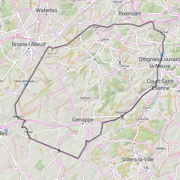 Map miniature of "Limal to Profondsart Road Route" cycling inspiration in Prov. Brabant Wallon, Belgium. Generated by Tarmacs.app cycling route planner