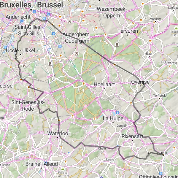 Map miniature of "Limal to Château de Rixensart Road Route" cycling inspiration in Prov. Brabant Wallon, Belgium. Generated by Tarmacs.app cycling route planner