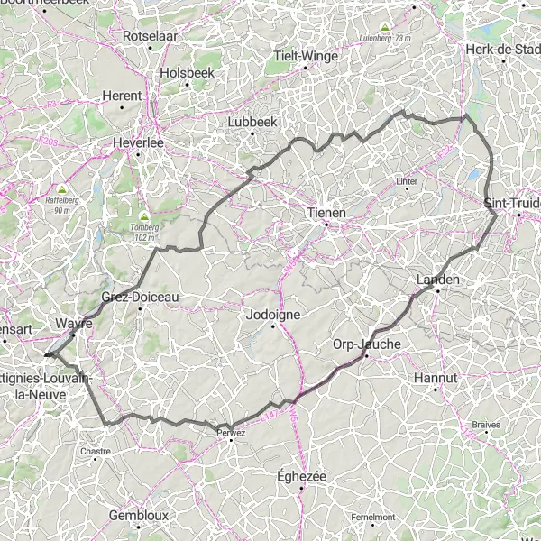 Map miniature of "The Gastuche Grand Tour" cycling inspiration in Prov. Brabant Wallon, Belgium. Generated by Tarmacs.app cycling route planner