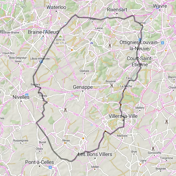 Karten-Miniaturansicht der Radinspiration "Hügelige Straßenfahrt durch Brabant Wallon" in Prov. Brabant Wallon, Belgium. Erstellt vom Tarmacs.app-Routenplaner für Radtouren