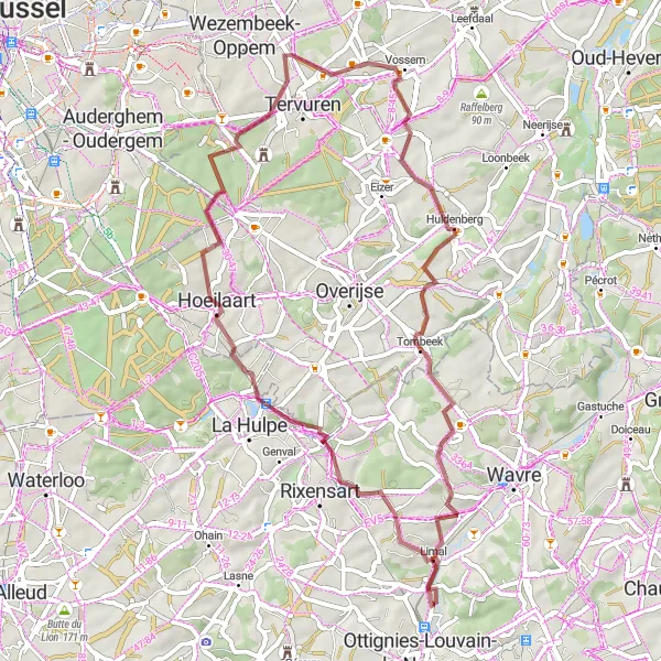Map miniature of "The Limal Gravel Loop" cycling inspiration in Prov. Brabant Wallon, Belgium. Generated by Tarmacs.app cycling route planner