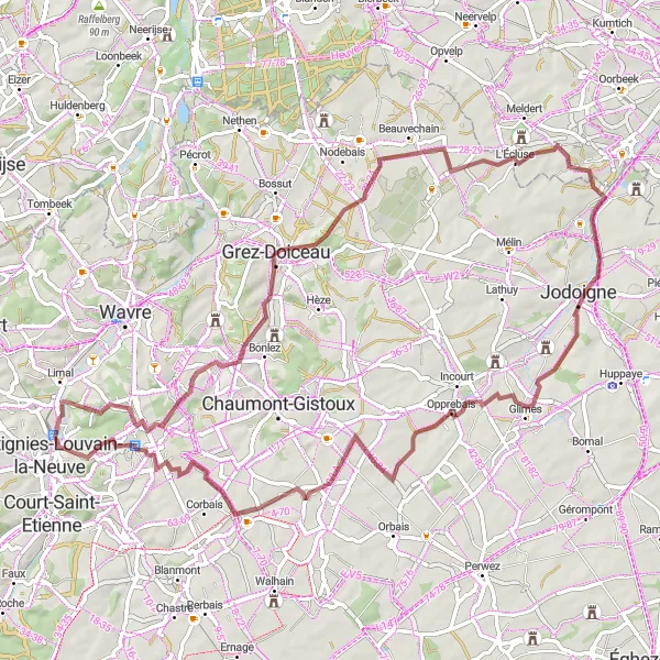 Map miniature of "The Grez-Doiceau Gravel Loop" cycling inspiration in Prov. Brabant Wallon, Belgium. Generated by Tarmacs.app cycling route planner