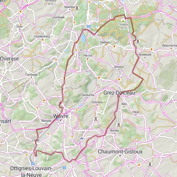 Map miniature of "The Limal Gravel Loop" cycling inspiration in Prov. Brabant Wallon, Belgium. Generated by Tarmacs.app cycling route planner