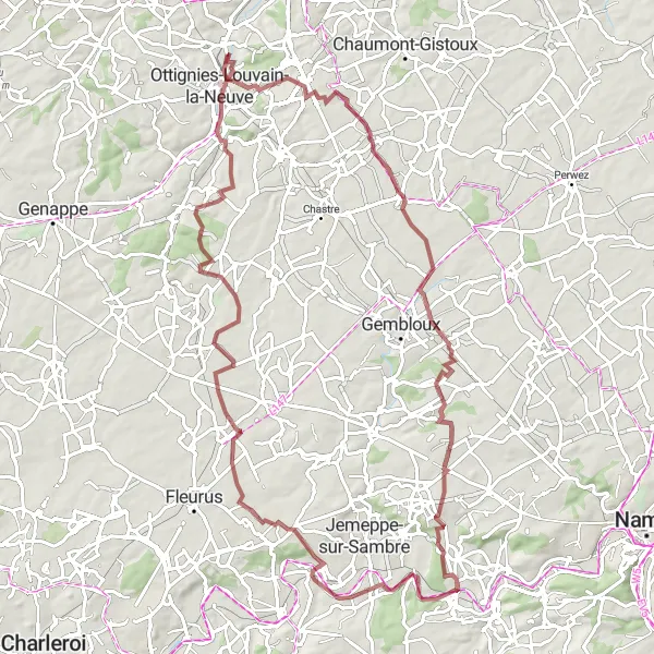 Map miniature of "The Walloon Gravel Tour" cycling inspiration in Prov. Brabant Wallon, Belgium. Generated by Tarmacs.app cycling route planner