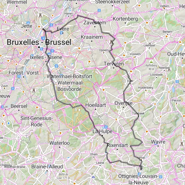 Map miniature of "The Lasne-Chapelle-Saint-Lambert Loop" cycling inspiration in Prov. Brabant Wallon, Belgium. Generated by Tarmacs.app cycling route planner
