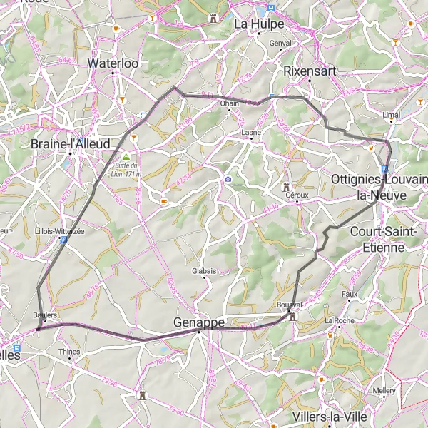 Karten-Miniaturansicht der Radinspiration "Road-Tour durch Brabant Wallon" in Prov. Brabant Wallon, Belgium. Erstellt vom Tarmacs.app-Routenplaner für Radtouren