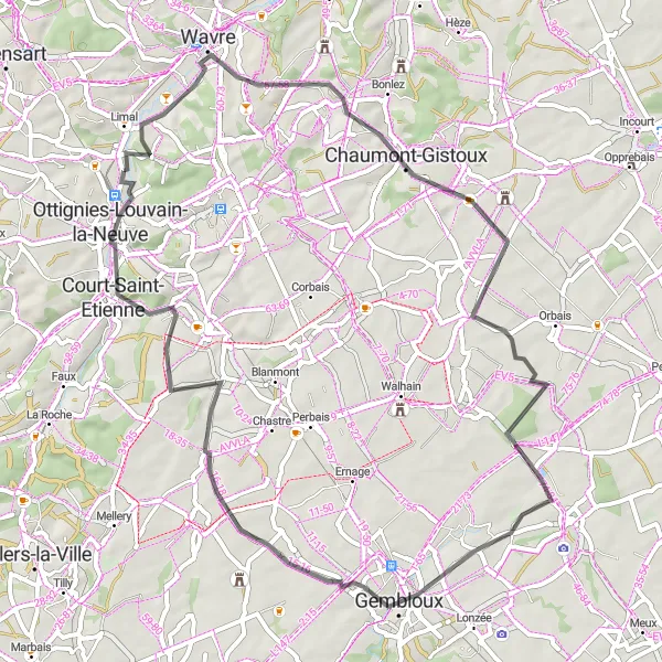 Map miniature of "The Chaumont-Gistoux Circuit" cycling inspiration in Prov. Brabant Wallon, Belgium. Generated by Tarmacs.app cycling route planner