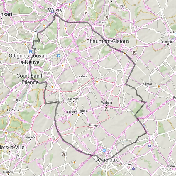 Karten-Miniaturansicht der Radinspiration "Road-Tour durch Brabant Wallon" in Prov. Brabant Wallon, Belgium. Erstellt vom Tarmacs.app-Routenplaner für Radtouren