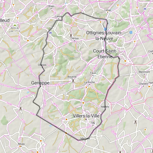 Map miniature of "The Mellery Road Adventure" cycling inspiration in Prov. Brabant Wallon, Belgium. Generated by Tarmacs.app cycling route planner