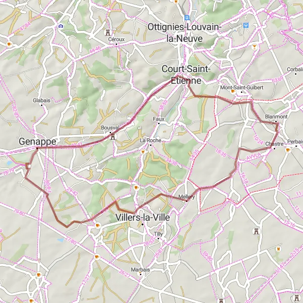 Miniatuurkaart van de fietsinspiratie "Gravel fietsroute rond Loupoigne" in Prov. Brabant Wallon, Belgium. Gemaakt door de Tarmacs.app fietsrouteplanner