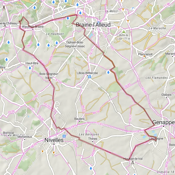 Miniature de la carte de l'inspiration cycliste "Balade Rustique en Gravel" dans la Prov. Brabant Wallon, Belgium. Générée par le planificateur d'itinéraire cycliste Tarmacs.app
