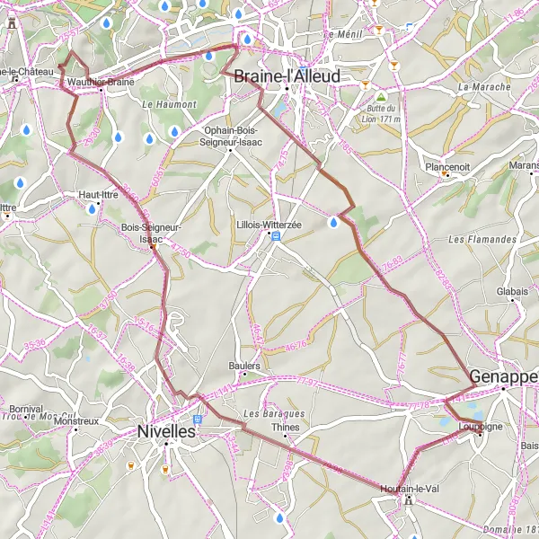 Map miniature of "Scenic Gravel Ride" cycling inspiration in Prov. Brabant Wallon, Belgium. Generated by Tarmacs.app cycling route planner