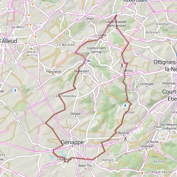 Miniatuurkaart van de fietsinspiratie "Gravelroute rond Loupoigne" in Prov. Brabant Wallon, Belgium. Gemaakt door de Tarmacs.app fietsrouteplanner