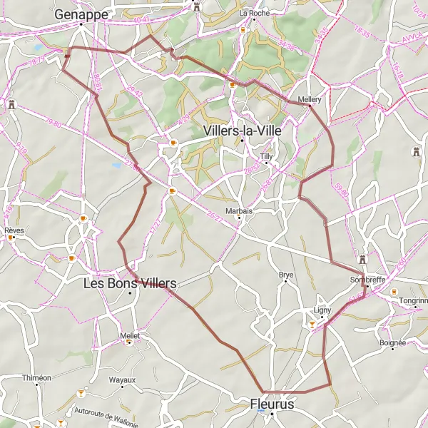 Miniatuurkaart van de fietsinspiratie "Gravelroute van Mellery naar Domaine 1815" in Prov. Brabant Wallon, Belgium. Gemaakt door de Tarmacs.app fietsrouteplanner