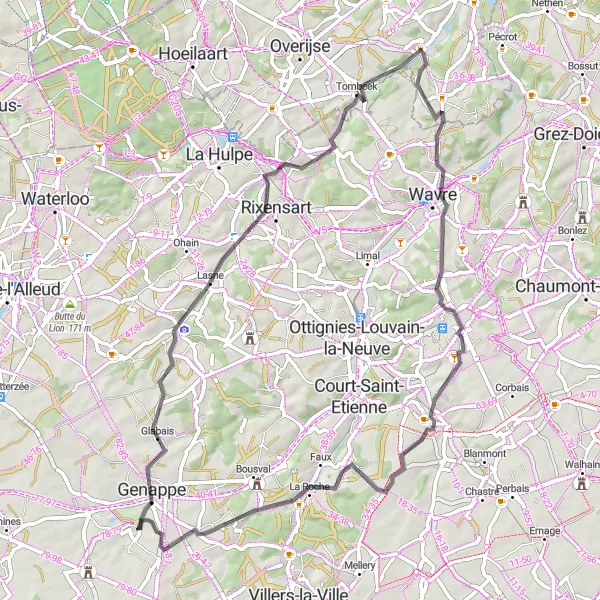 Map miniature of "Rolling Hills Road Ride" cycling inspiration in Prov. Brabant Wallon, Belgium. Generated by Tarmacs.app cycling route planner
